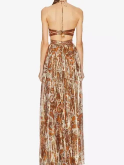 Vacation Dresses Halter Tube Top Cutout Waist Paisley Print Flowy Party Maxi Dress