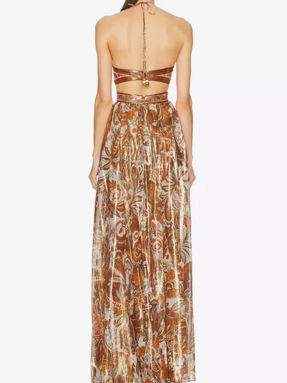 Vacation Dresses Halter Tube Top Cutout Waist Paisley Print Flowy Party Maxi Dress
