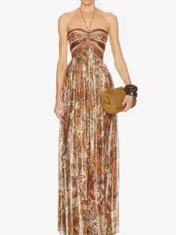 Vacation Dresses Halter Tube Top Cutout Waist Paisley Print Flowy Party Maxi Dress