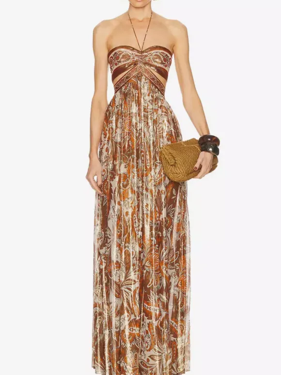 Vacation Dresses Halter Tube Top Cutout Waist Paisley Print Flowy Party Maxi Dress