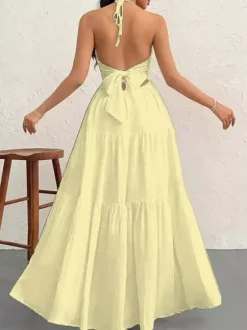 Vacation Dresses Halter V Neck Back Tie Tiered Ruffle Backless Flowy Summer Beach Long Maxi Dress