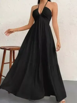 Vacation Dresses Halter V Neck Back Tie Tiered Ruffle Backless Flowy Summer Beach Long Maxi Dress