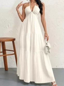 Vacation Dresses Halter V Neck Back Tie Tiered Ruffle Backless Flowy Summer Beach Long Maxi Dress