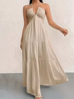 Vacation Dresses Halter V Neck Back Tie Tiered Ruffle Backless Flowy Summer Beach Long Maxi Dress