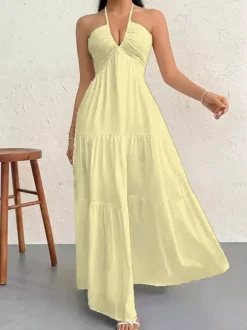 Vacation Dresses Halter V Neck Back Tie Tiered Ruffle Backless Flowy Summer Beach Long Maxi Dress