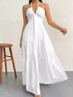 Vacation Dresses Halter V Neck Back Tie Tiered Ruffle Backless Flowy Summer Beach Long Maxi Dress
