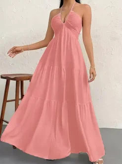 Vacation Dresses Halter V Neck Back Tie Tiered Ruffle Backless Flowy Summer Beach Long Maxi Dress