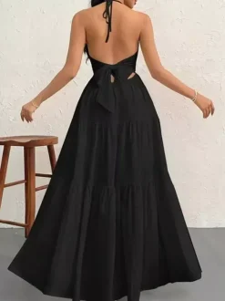 Vacation Dresses Halter V Neck Back Tie Tiered Ruffle Backless Flowy Summer Beach Long Maxi Dress