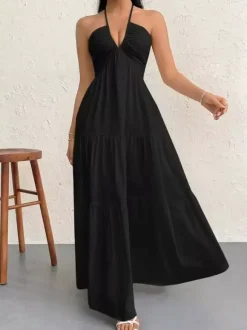 Vacation Dresses Halter V Neck Back Tie Tiered Ruffle Backless Flowy Summer Beach Long Maxi Dress