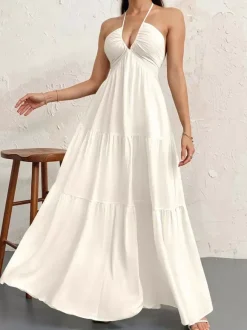 Vacation Dresses Halter V Neck Back Tie Tiered Ruffle Backless Flowy Summer Beach Long Maxi Dress