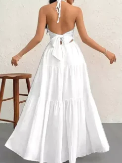 Vacation Dresses Halter V Neck Back Tie Tiered Ruffle Backless Flowy Summer Beach Long Maxi Dress
