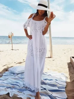 Vacation Dresses Lace Short Sleeves Straps Neck Sexy White Dress