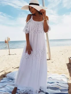 Vacation Dresses Lace Short Sleeves Straps Neck Sexy White Dress