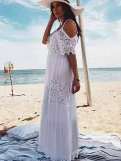 Vacation Dresses Lace Short Sleeves Straps Neck Sexy White Dress