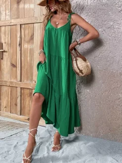 Vacation Dresses Lace Up Sleeveless Sweet Green Maxi Summer Dress