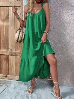 Vacation Dresses Lace Up Sleeveless Sweet Green Maxi Summer Dress
