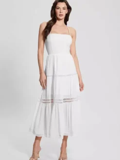 Vacation Dresses Maxi Backless Lace Lace Up Sleeveless Halter Casual White Dress