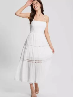 Vacation Dresses Maxi Backless Lace Lace Up Sleeveless Halter Casual White Dress