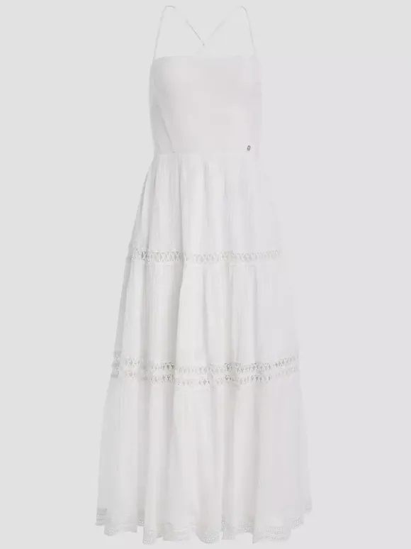 Vacation Dresses Maxi Backless Lace Lace Up Sleeveless Halter Casual White Dress
