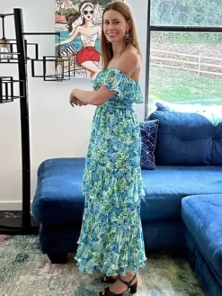 Vacation Dresses Maxi Backless Ruffles Pleated Floral Print Off-The-Shoulder Cold Shoulder Sleeve Casual Dress