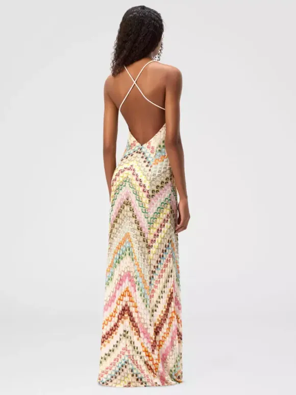 Vacation Dresses Maxi Backless Sleeveless Halter Casual Blue Summer Dress