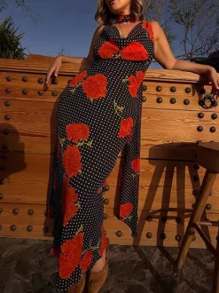 Vacation Dresses Maxi Backless Lace Up Sleeveless Floral Print Halter Elegant White Dress