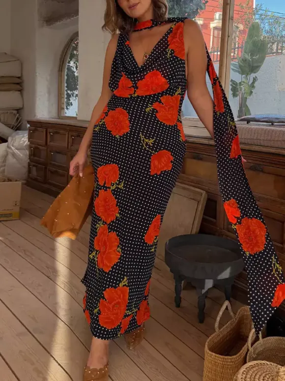 Vacation Dresses Maxi Backless Sleeveless Floral Print Cowl Neck Chic Brown Dress