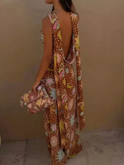 Vacation Dresses Maxi Backless Sleeveless Floral Print Cowl Neck Chic Brown Dress