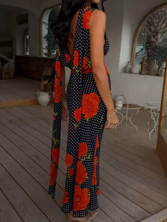 Vacation Dresses Maxi Backless Sleeveless Floral Print Cowl Neck Chic Brown Dress