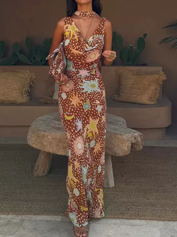 Vacation Dresses Maxi Backless Sleeveless Floral Print Cowl Neck Chic Brown Dress