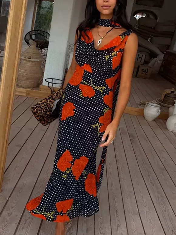 Vacation Dresses Maxi Backless Sleeveless Floral Print Cowl Neck Chic Brown Dress