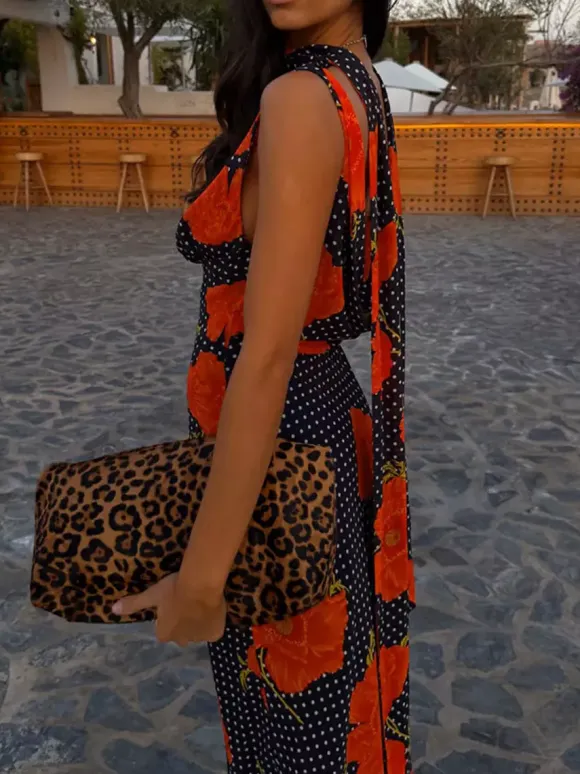 Vacation Dresses Maxi Backless Sleeveless Floral Print Cowl Neck Chic Brown Dress