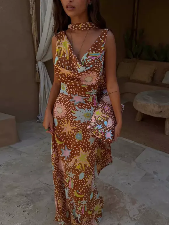Vacation Dresses Maxi Backless Sleeveless Floral Print Cowl Neck Chic Brown Dress