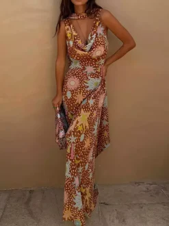 Vacation Dresses Maxi Backless Sleeveless Floral Print Cowl Neck Chic Brown Dress