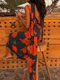 Vacation Dresses Maxi Backless Sleeveless Floral Print Cowl Neck Chic Brown Dress