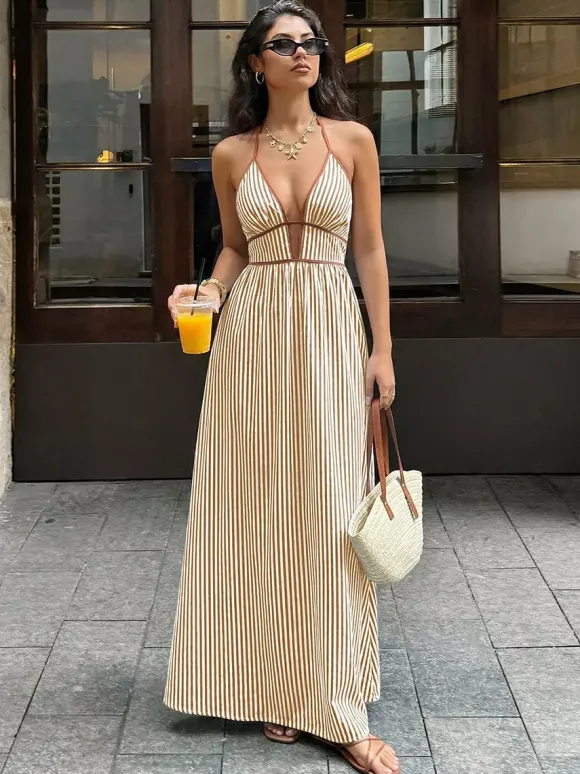 Vacation Dresses Maxi Backless Sleeveless V-Neck Cap Sleeves Sexy Burgundy Summer Dresses