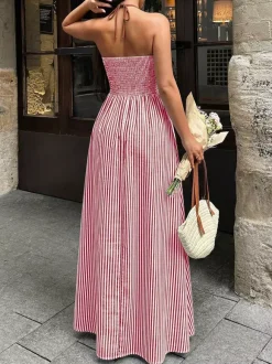 Vacation Dresses Maxi Backless Sleeveless V-Neck Cap Sleeves Sexy Burgundy Summer Dresses