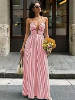 Vacation Dresses Maxi Backless Sleeveless V-Neck Cap Sleeves Sexy Burgundy Summer Dresses