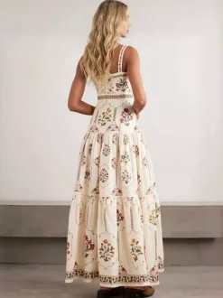 Vacation Dresses Maxi Backless Embroidered Sleeveless Floral Print Off-The-Shoulder Retro Dress