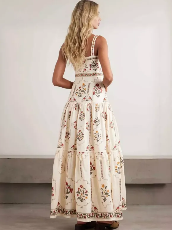 Vacation Dresses Maxi Backless Embroidered Sleeveless Floral Print Off-The-Shoulder Retro Dress