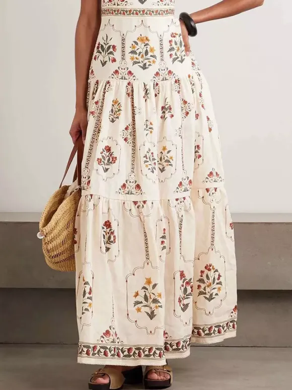 Vacation Dresses Maxi Backless Embroidered Sleeveless Floral Print Off-The-Shoulder Retro Dress
