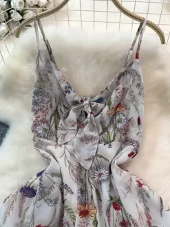 Vacation Dresses Maxi Backless Flowers Strappy Sleeveless Floral Print Straps Neck Chic Apricot Dress
