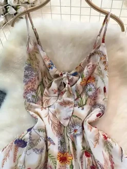 Vacation Dresses Maxi Backless Flowers Strappy Sleeveless Floral Print Straps Neck Chic Apricot Dress