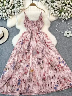 Vacation Dresses Maxi Backless Flowers Strappy Sleeveless Floral Print Straps Neck Chic Apricot Dress