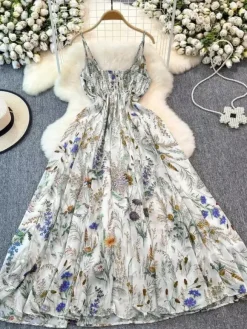 Vacation Dresses Maxi Backless Flowers Strappy Sleeveless Floral Print Straps Neck Chic Apricot Dress