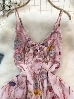 Vacation Dresses Maxi Backless Flowers Strappy Sleeveless Floral Print Straps Neck Chic Apricot Dress