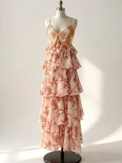 Vacation Dresses Maxi Backless Ruffles Sleeveless V-Neck Chic Orange Red Dresses