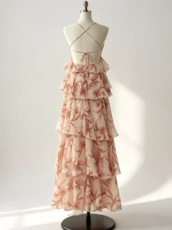 Vacation Dresses Maxi Backless Ruffles Sleeveless V-Neck Chic Orange Red Dresses