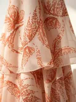 Vacation Dresses Maxi Backless Ruffles Sleeveless V-Neck Chic Orange Red Dresses