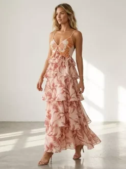 Vacation Dresses Maxi Backless Ruffles Sleeveless V-Neck Chic Orange Red Dresses